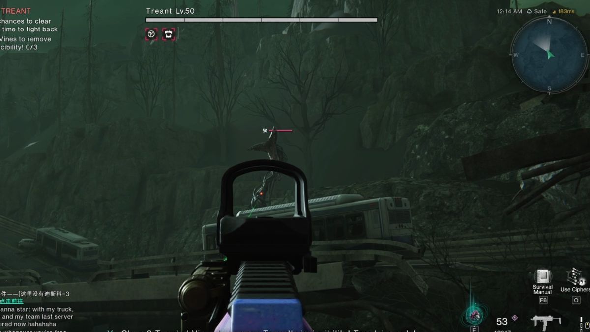 A Player aims down his sights at the first tentacle in the Treant boss fight in Once Human, showing it's location behind a bus on a broken part of the highway.