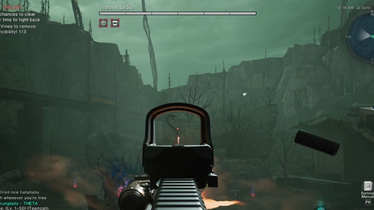 A player aims at the second tentacle in the Treant bossfight, which is situated behind the Treant on the far side of the arena.