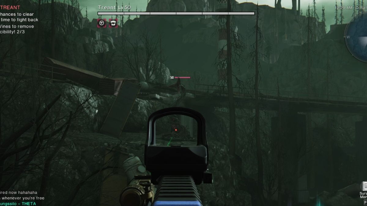 A player aims at the third tentacle in the Treant boss fight, which is on the left side of the arena on a small cliff.