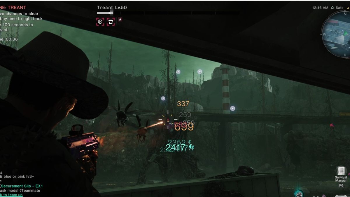 A player attacks the Treant from underneath a bridge in the Treant boss fight in Once Human.
