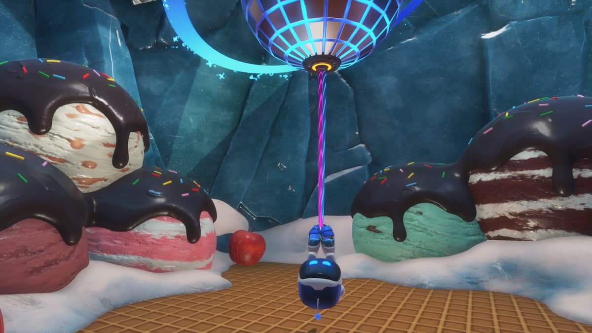 Astro Bot hanging from colorful strings attached to a glowing disco ball, pulling it down to reveal the lost galaxy portal hidden within.