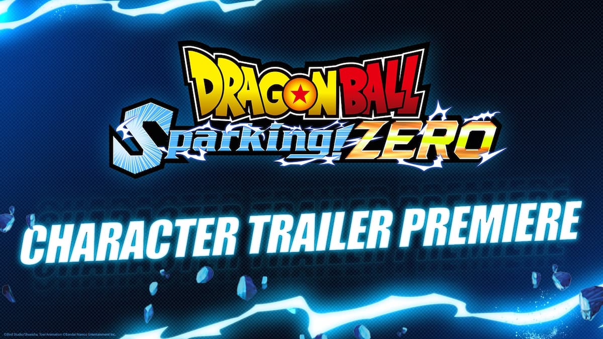 Promotional image for Dragon Ball Sparking ZERO showcasing the game's logo with the text "Character Trailer Premiere." The image features dynamic blue lightning effects and shattered fragments to emphasize the excitement surrounding the game's upcoming character reveal.