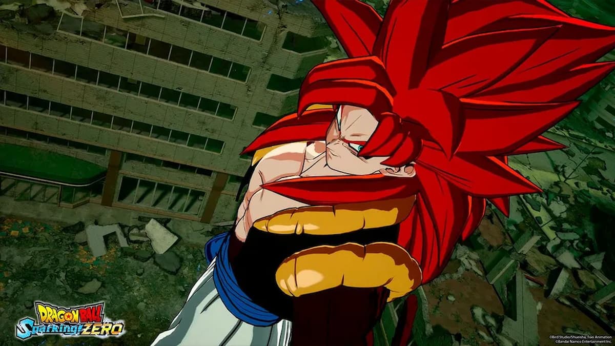 Super Saiyan 4 Gogeta stands in a battle-ready pose with his red spiky hair against a backdrop of a destroyed city.