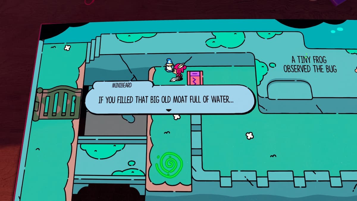 Minibeard offers a hint to fill the moat with water to progress in the game, The Plucky Squire.