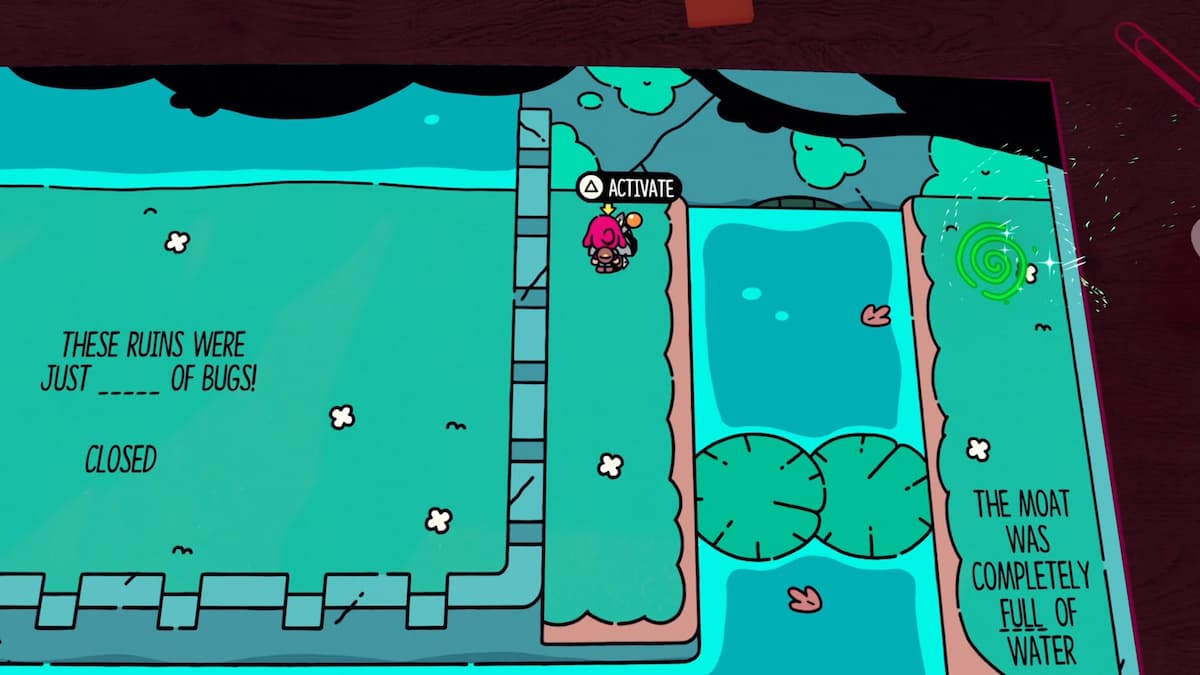 The character activates a mechanism beside the water-filled moat in The Plucky Squire.