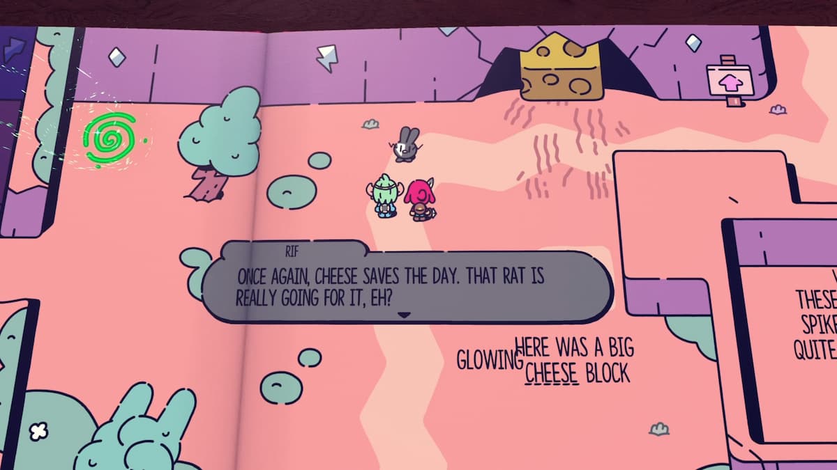 Characters celebrate a small victory as a giant cheese block becomes a key to solving the puzzle, with dialogue highlighting the scene's whimsical humor.