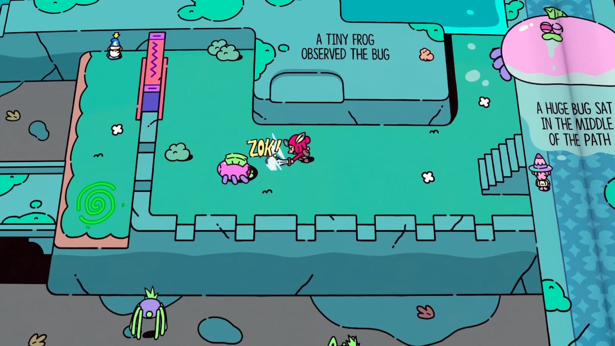 A tiny frog observes the bug while a character engages in combat with it in The Plucky Squire