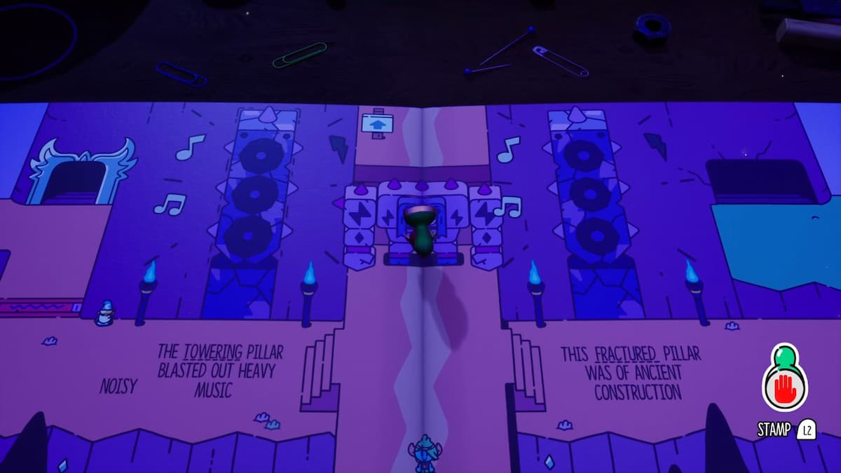 A dynamic, blue-tinted scene showing a battle with towering pillars, musical notes and a central character interacting in the temple’s environment.