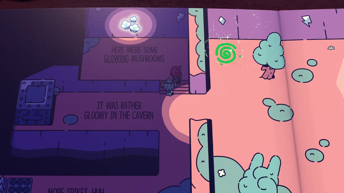 A gloomy cave filled with glowing mushrooms as the characters make their way through, adding an eerie glow to the environment.