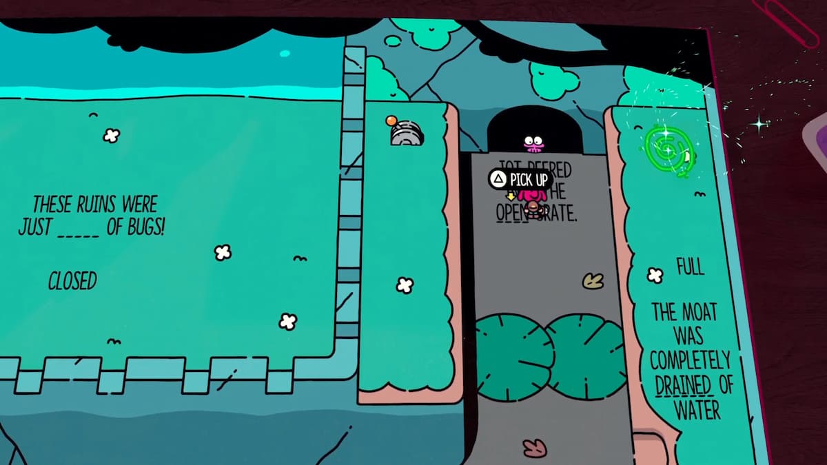 After draining the moat, the character finds a way to unlock the rusty gate in The Plucky Squire.