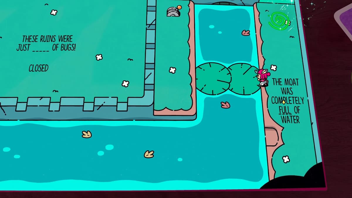 The moat surrounding the ruins is completely filled with water, part of a puzzle in The Plucky Squire.