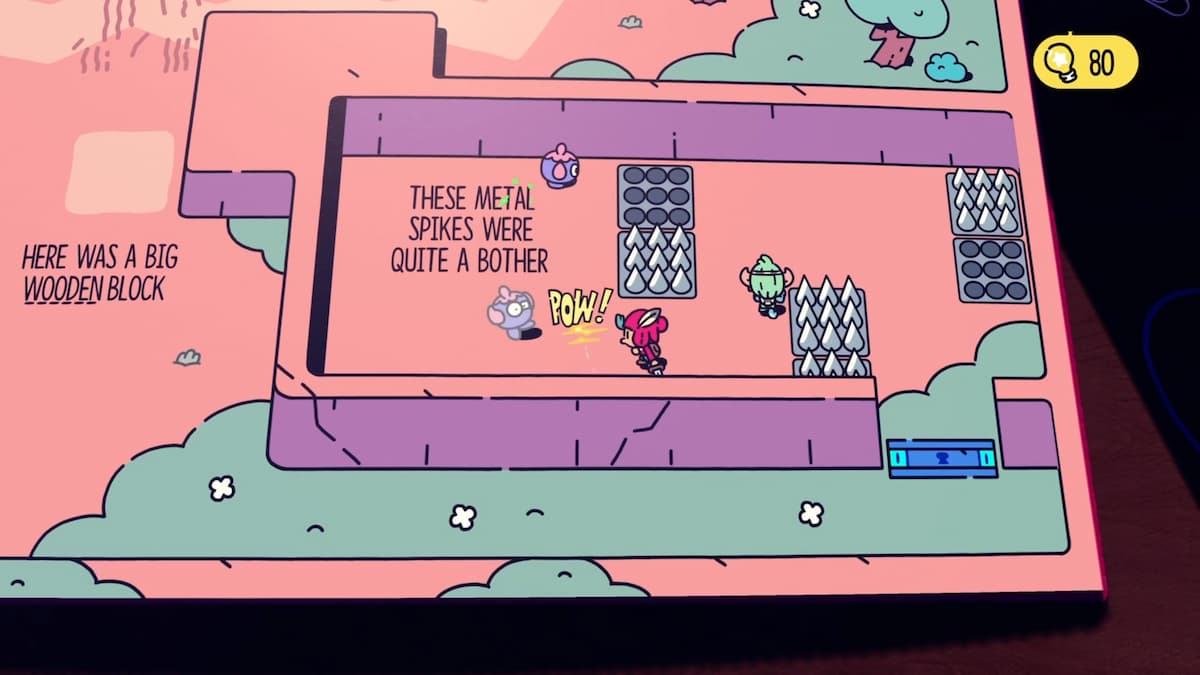 The Plucky Squire characters navigate a challenging section filled with metal spikes, with text indicating the spikes are quite bothersome.