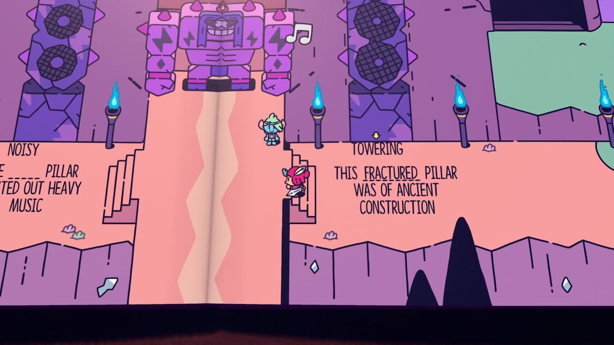 A scene with towering music pillars and fractured ancient structures, with blue flames lighting up the area and a character navigating the landscape. 