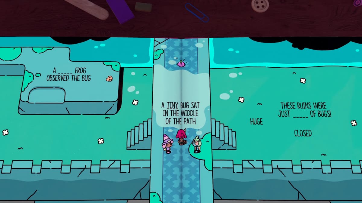A tiny bug in the path and a frog observing, set against the backdrop of bug-infested ruins in The Plucky Squire.