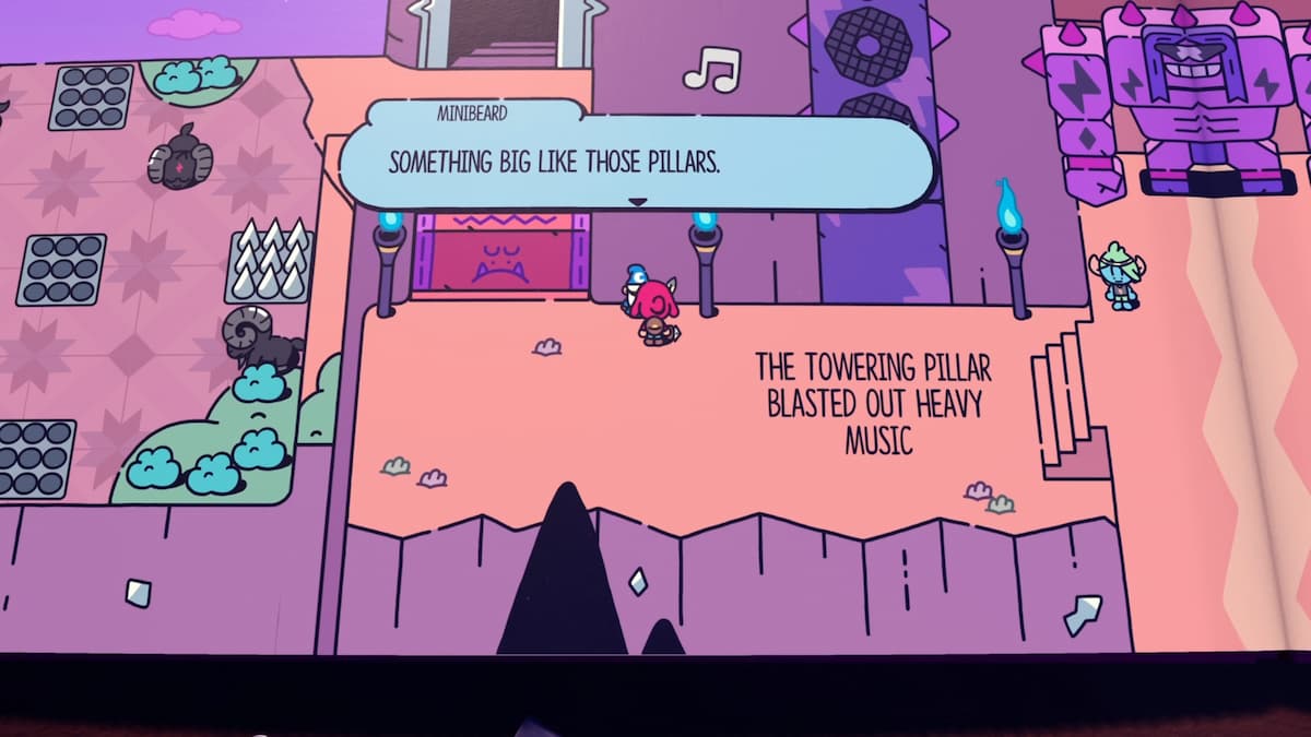 A large musical pillar blasting heavy music is seen with characters interacting nearby. A text bubble says: Something big like those pillars
