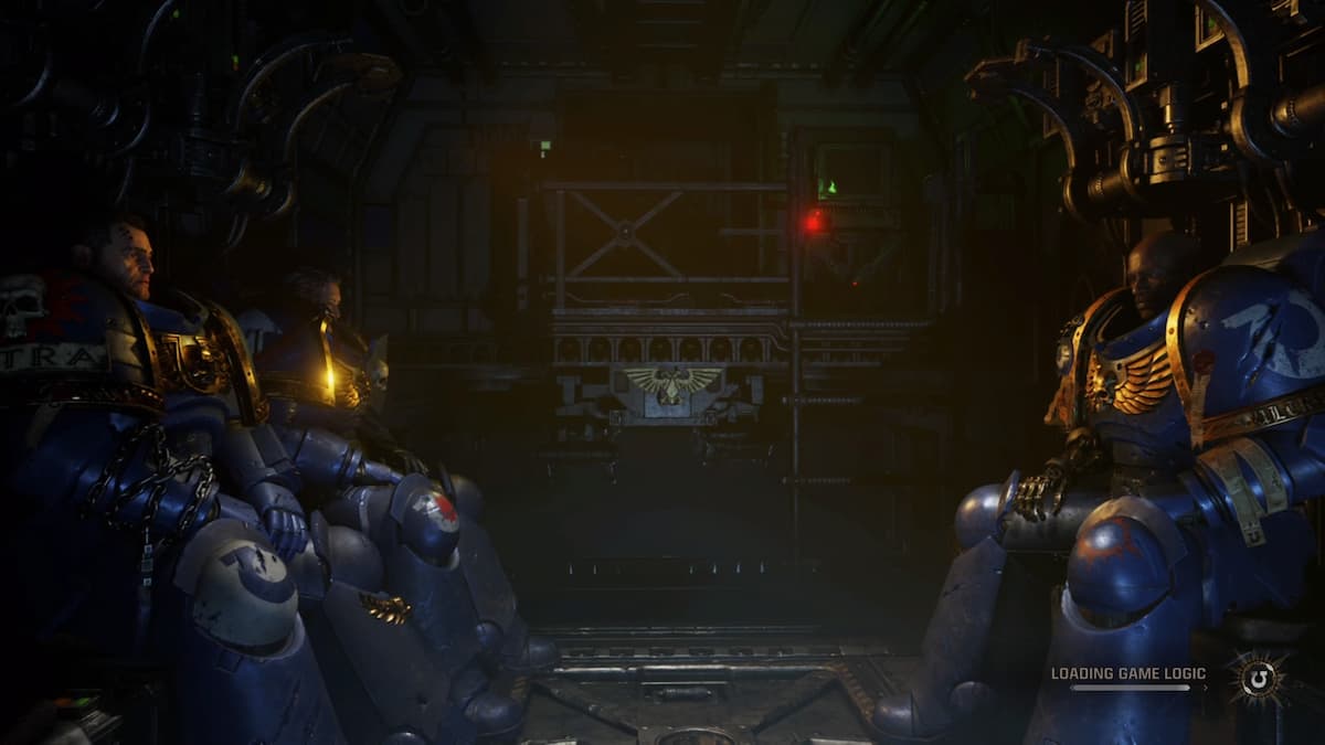 Three Ultramarines sitting inside a dimly lit transport vehicle, fully armored and ready for battle, as they await deployment.
