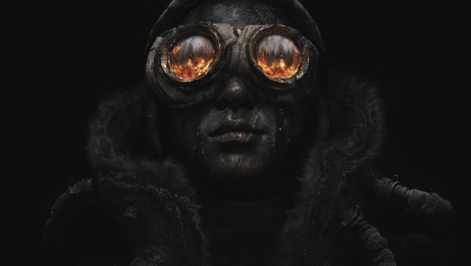 Frostpunk 2 artwork of a survivor whose goggles reflect fire, echoing the volcanic setting of Breach of Trust